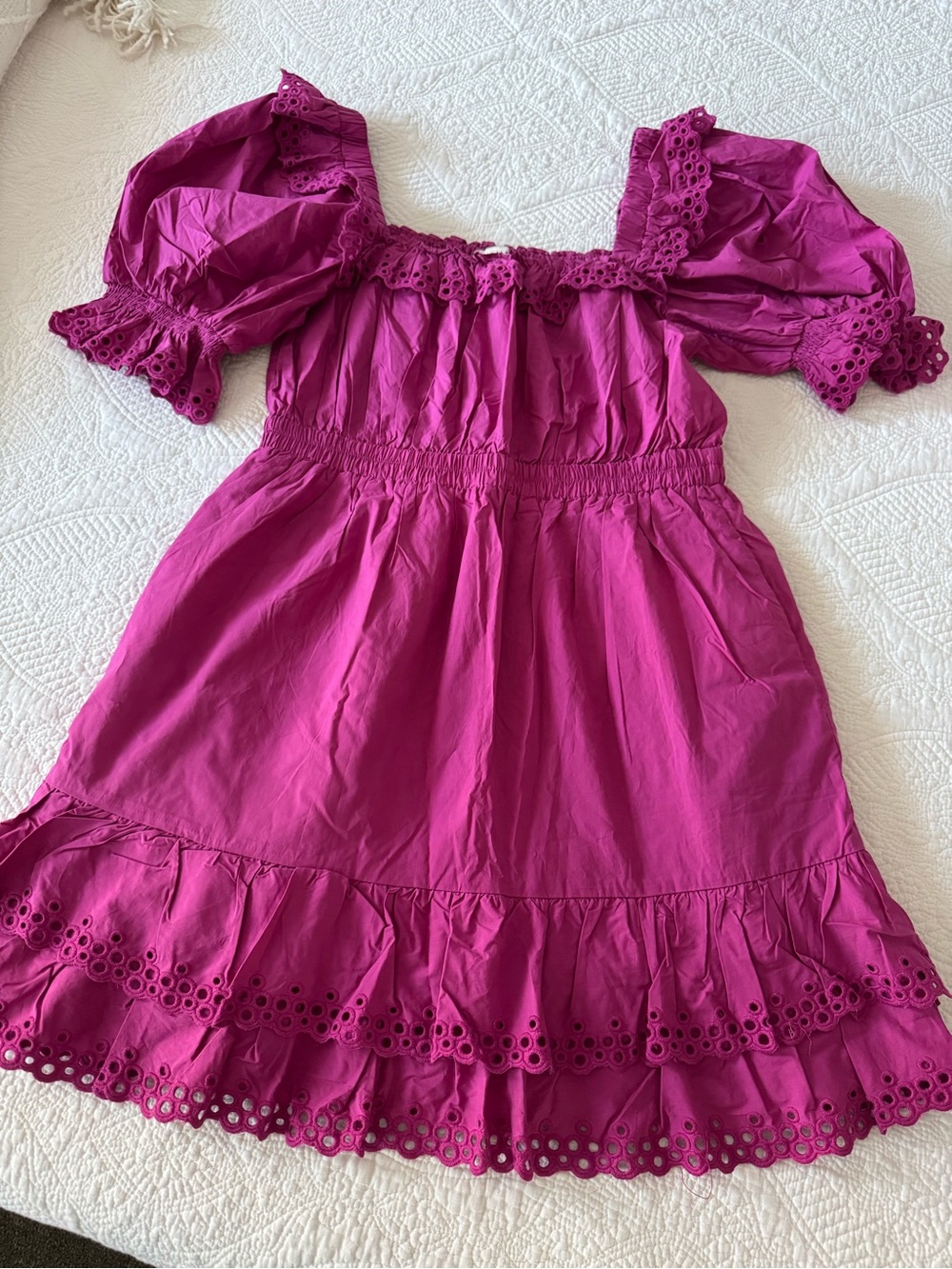 Stellah Magenta Eyelet Puff-Sleeve Mini Dress